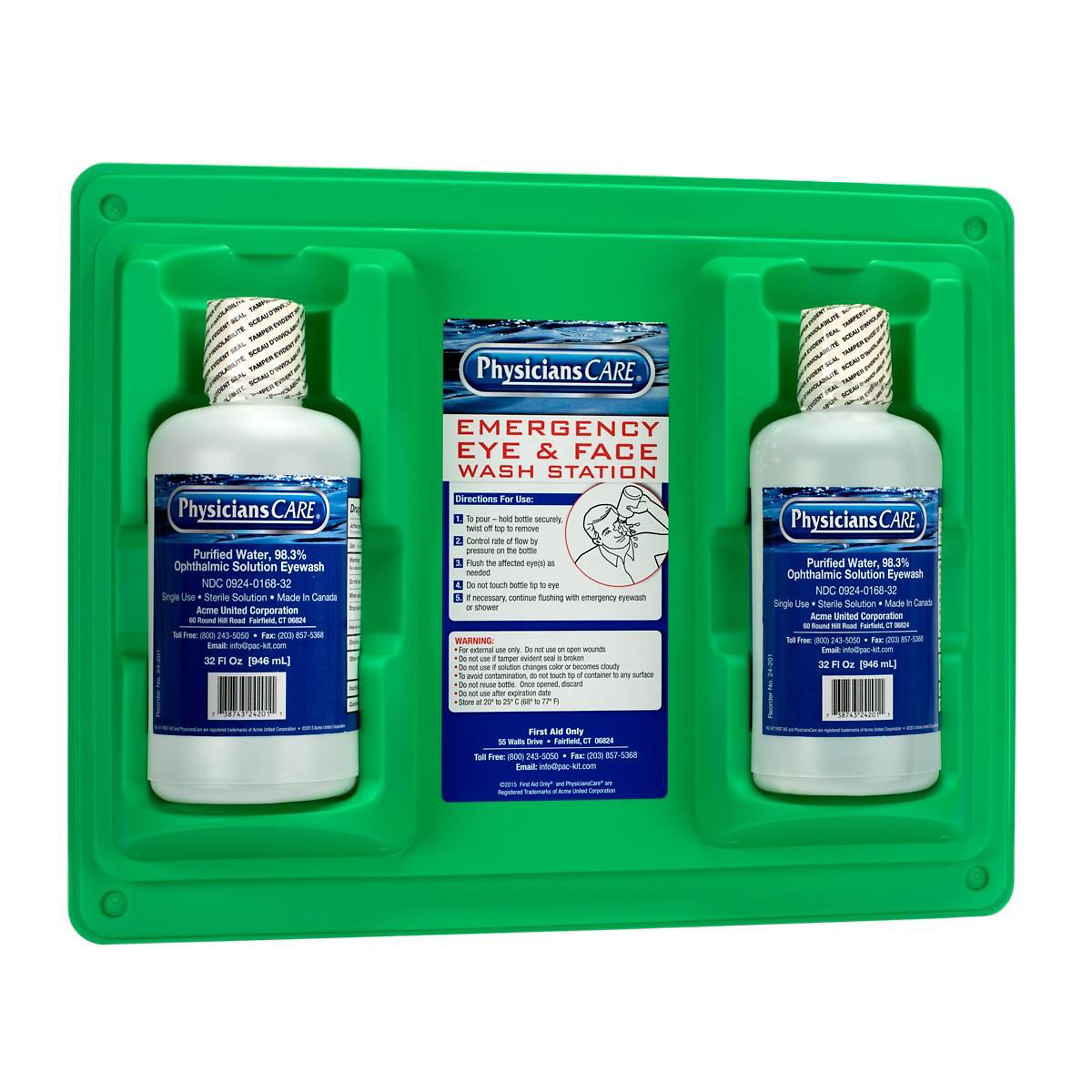 First Aid Only Eyewash Station — Double 32 Oz. Screw Cap Bottle, Sterile Isotonic Buffered Solution, Model# FAO24-300-001