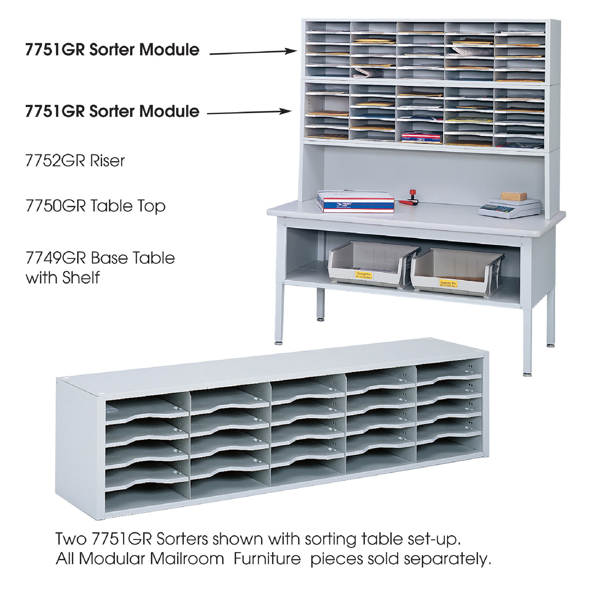 Safco E-Z Sort Sorter Module, Gray, 13in.L x 57 1/2in.W x 14 1/4in.H, Model# 7751GR