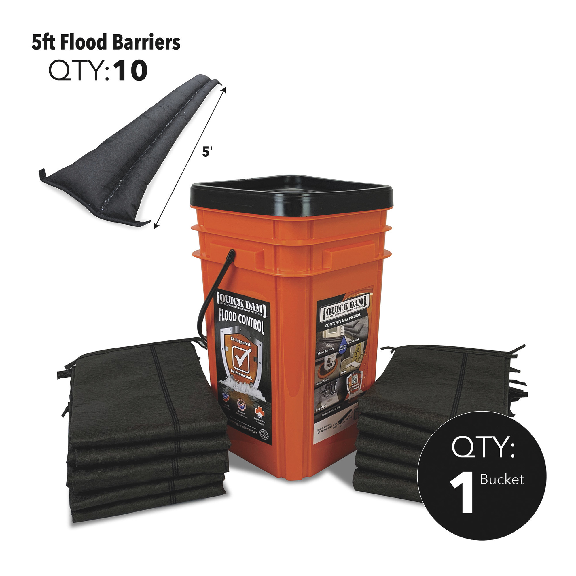 Quick Dam Grab & Go Flood Kit, Includes 10 Flood Barriers and Bucket, Model# QDGG-5-10