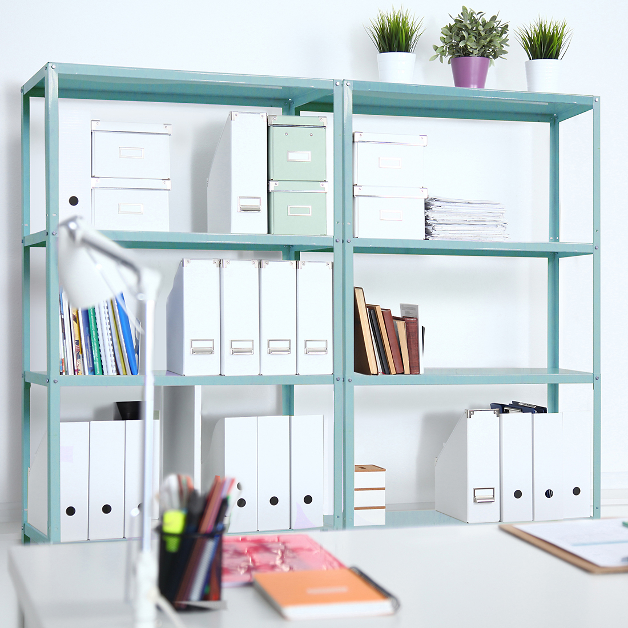 AR Shelving, AR DECo Bookshelf collection, Height 68 in, Width 35.4 in, Depth 12 in, Model# EASY BLUE EMERALD