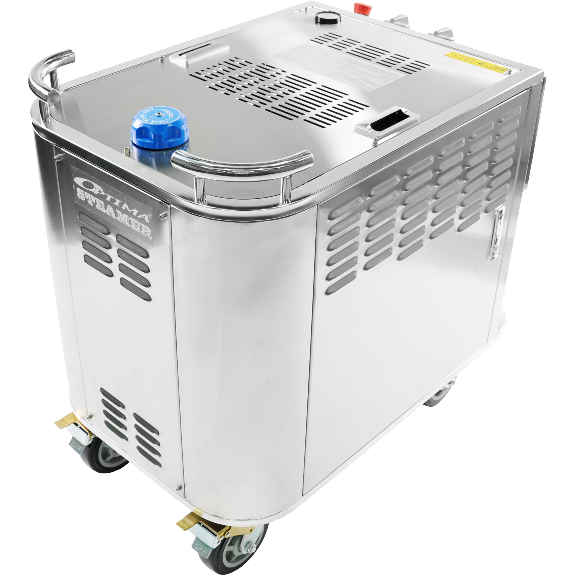 Optima Steamer™ SEII – 480V, ASME, electric-powered industrial steam cleaner. CARB SORE & AQMD R222 exempt.  Eco-friendly, no run-off deep cleaning, sanitizing & degreasing