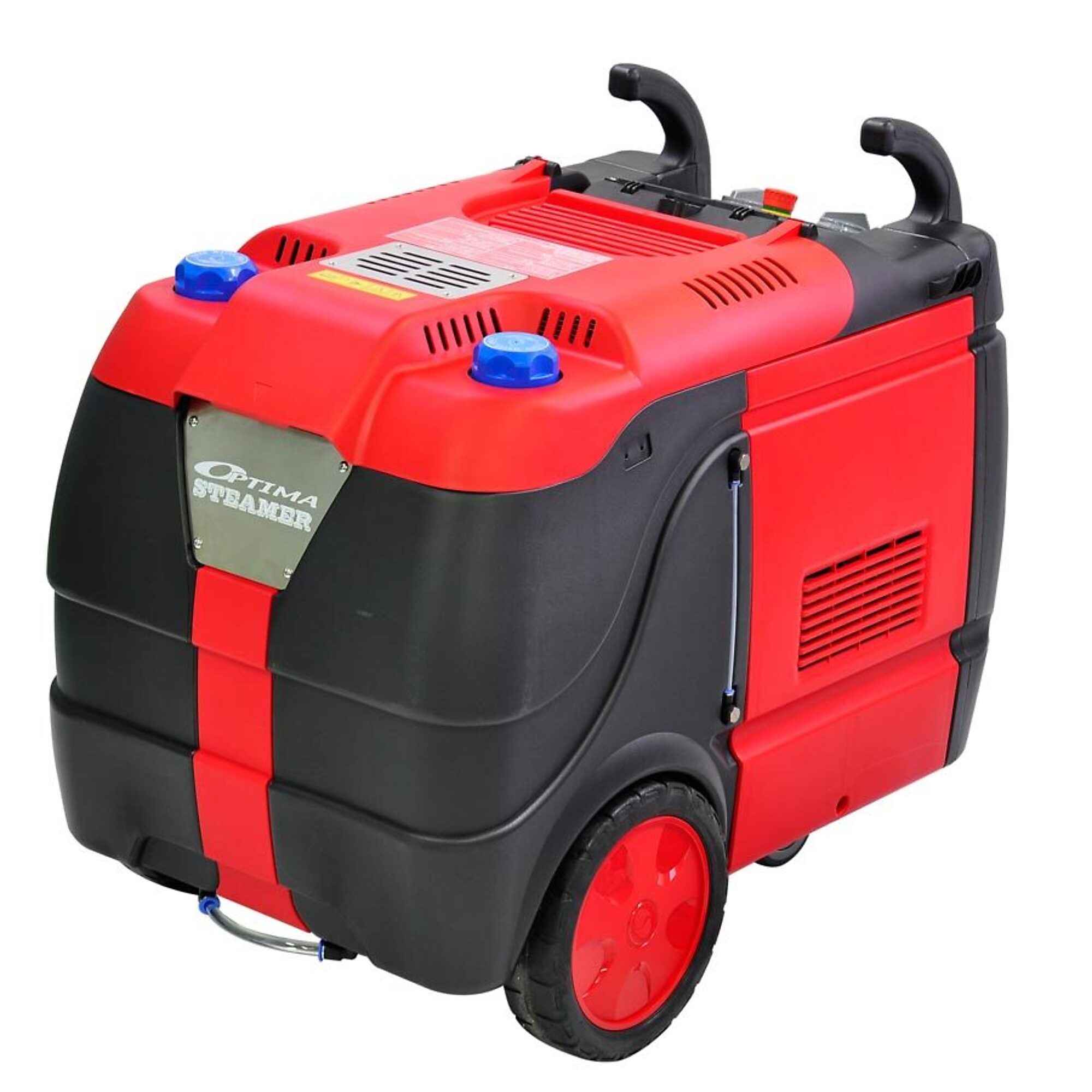 Optima Steamer™ XE Red – 230V, electric-powered industrial steam cleaner.CARB SORE & AQMD R222 exempt.  Eco-friendly, no run-off deep cleaning, sanitizing & degreasing